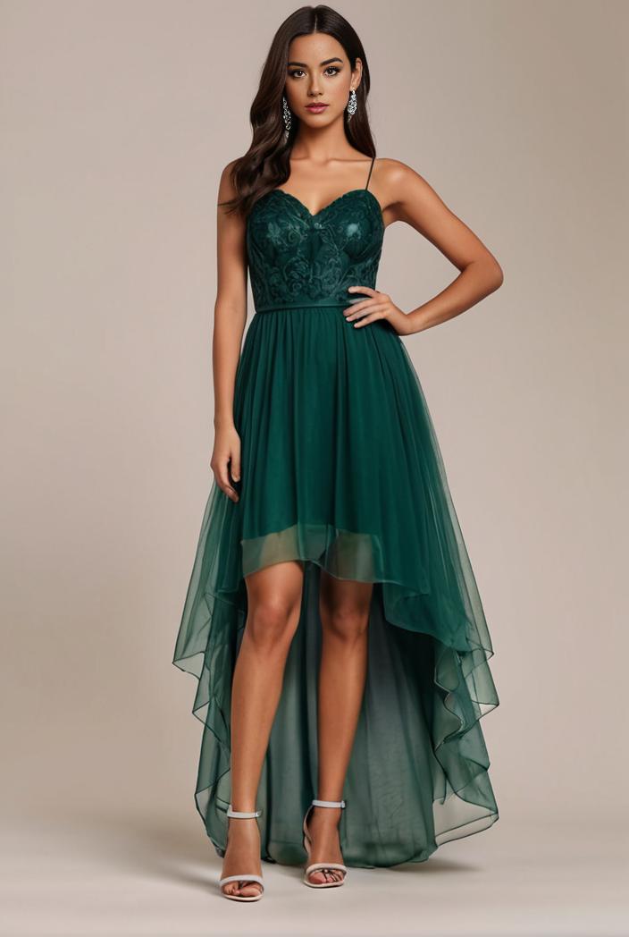 sequin bodice tulle high low evening dress with ribbon waist 115369