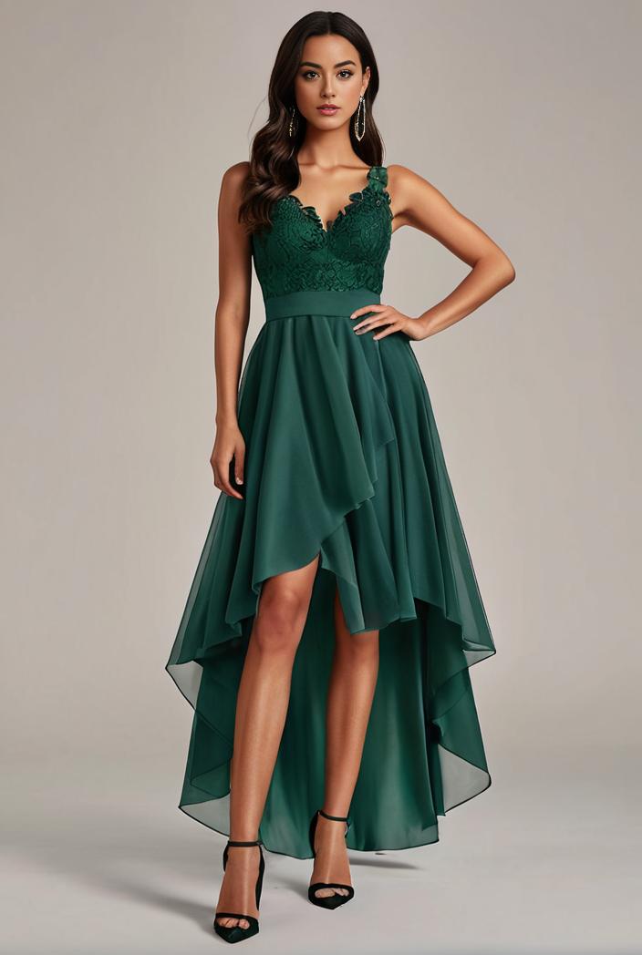 sequin bodice tulle high low evening dress with ribbon waist 115370