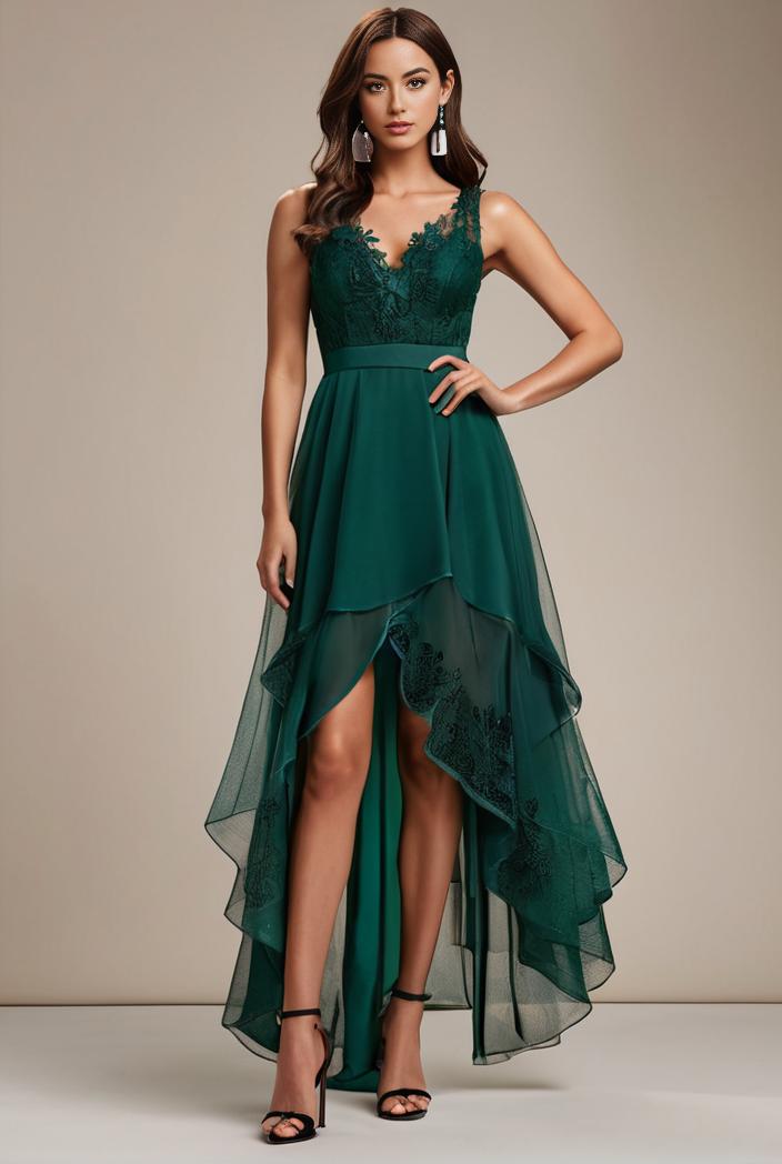 sequin bodice tulle high low evening dress with ribbon waist 115371