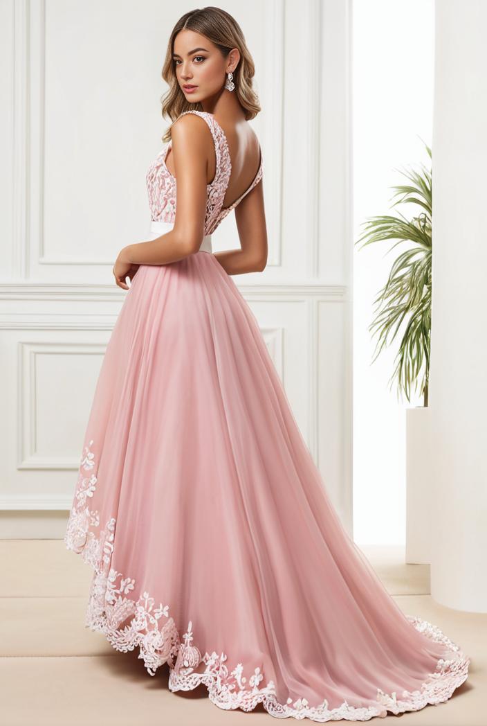 sequin bodice tulle high low evening dress with ribbon waist 115380