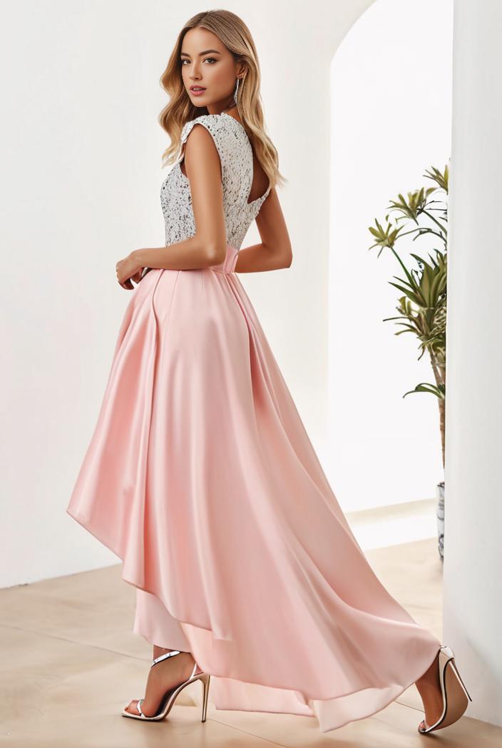 sequin bodice tulle high low evening dress with ribbon waist 115384