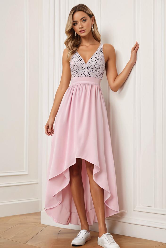 sequin bodice tulle high low evening dress with ribbon waist 115391