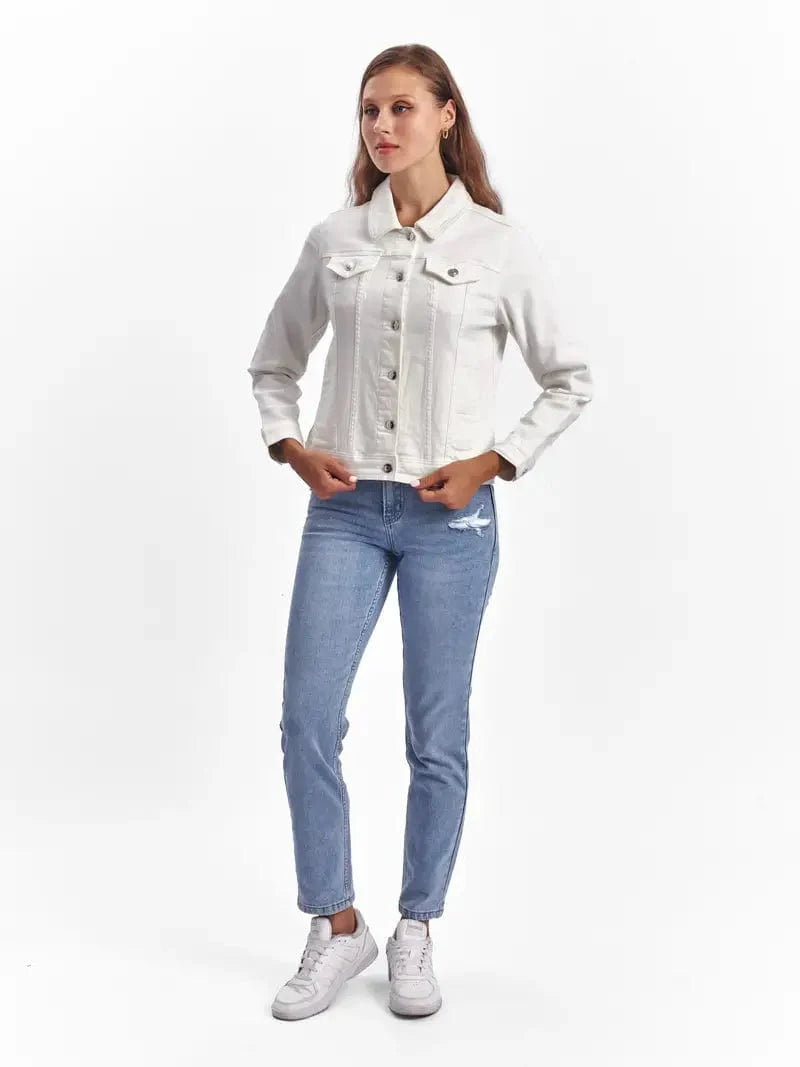 Lapel Denim Coat with Long Sleeves and Buttoned Flap Pockets - Stylish Women's Jacket