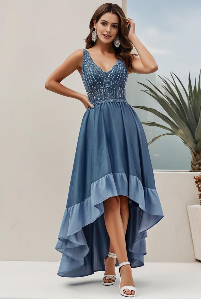 plus size sequin high low deep v neck tulle evening dresses 101189