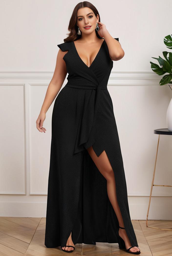 plus size shiny v neck side slit formal evening dress 101454