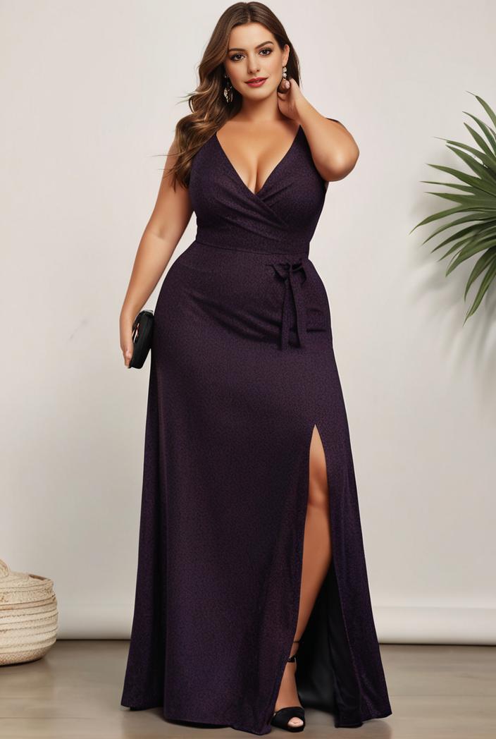plus size shiny v neck side slit formal evening dress 101464