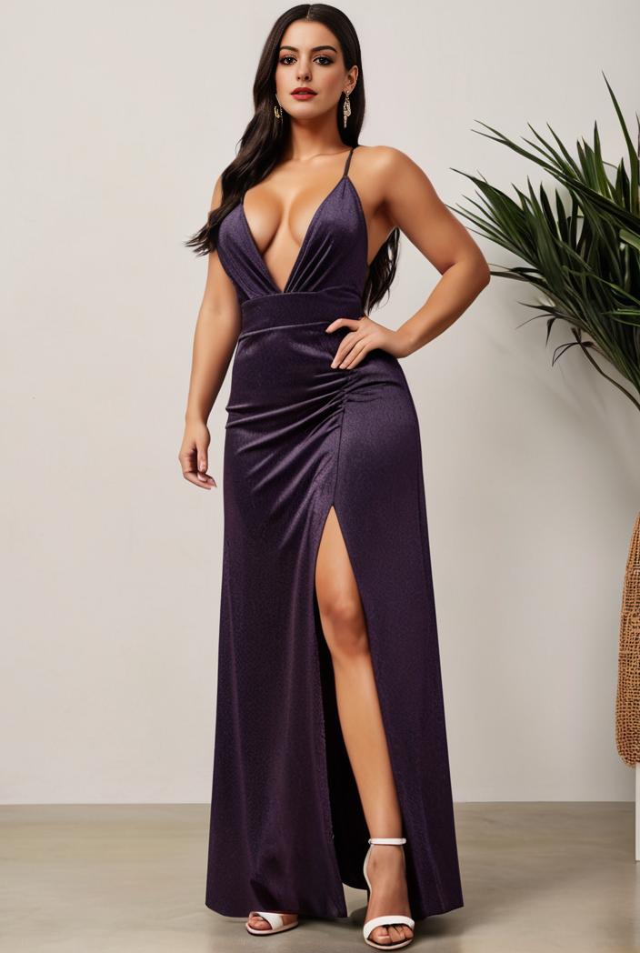plus size shiny v neck side slit formal evening dress 101483