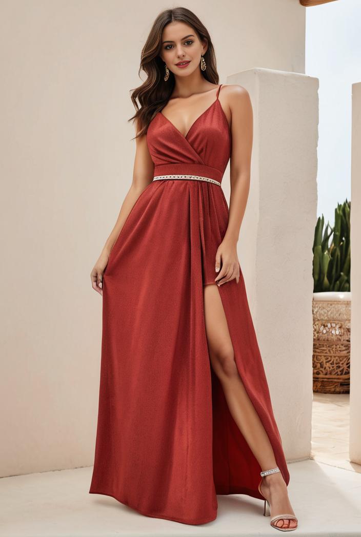 plus size shiny v neck side slit formal evening dress 101652