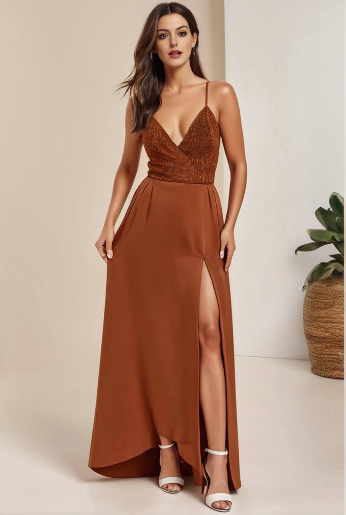 plus size shiny v neck side slit formal evening dress 101654