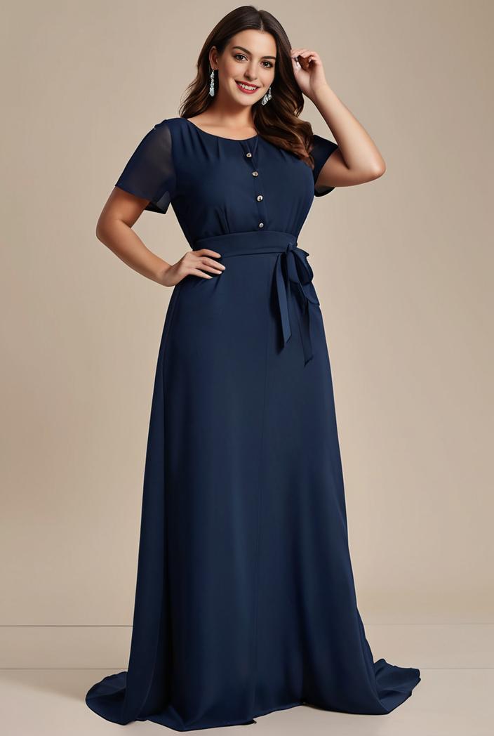 plus size simple chiffon pleated a line round neckline bridesmaid dress 101761