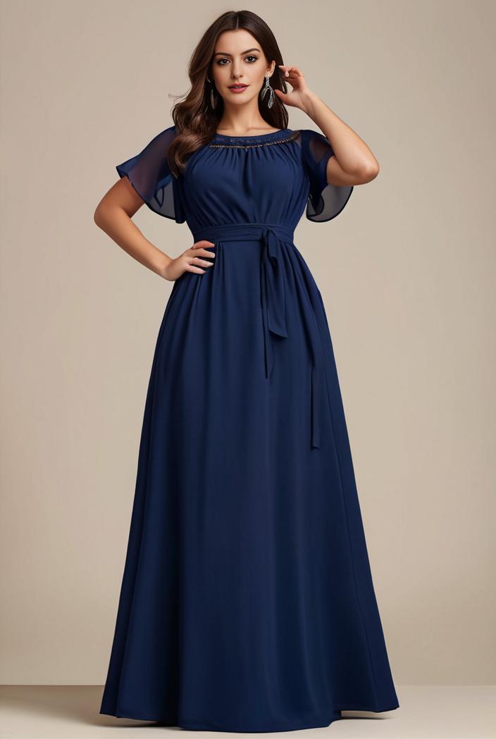 plus size simple chiffon pleated a line round neckline bridesmaid dress 101767