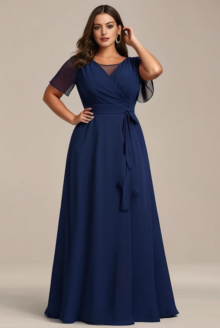 plus size simple chiffon pleated a line round neckline bridesmaid dress 101769