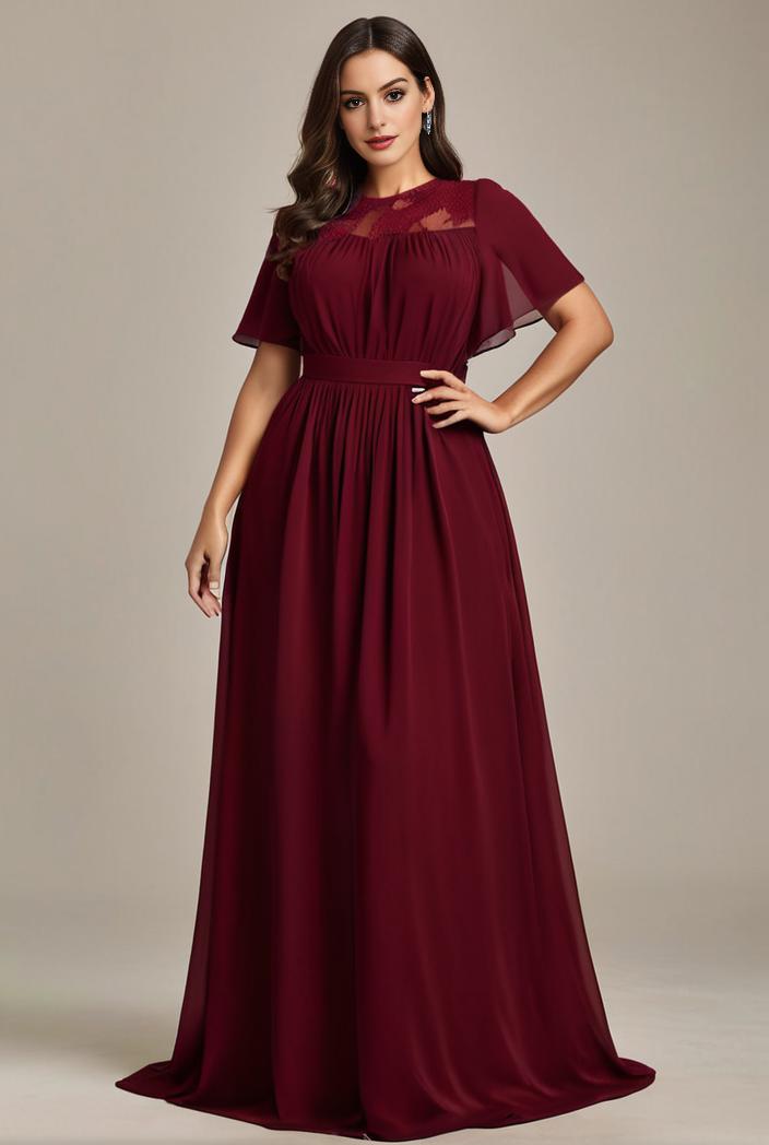 plus size simple chiffon pleated a line round neckline bridesmaid dress 101816