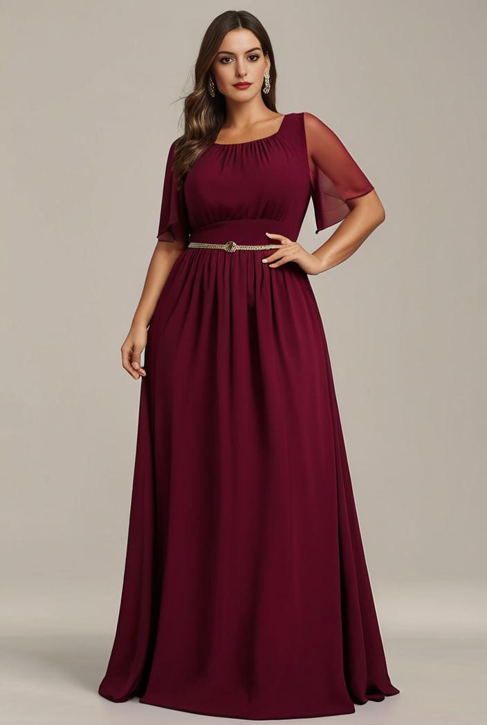 plus size simple chiffon pleated a line round neckline bridesmaid dress 101817
