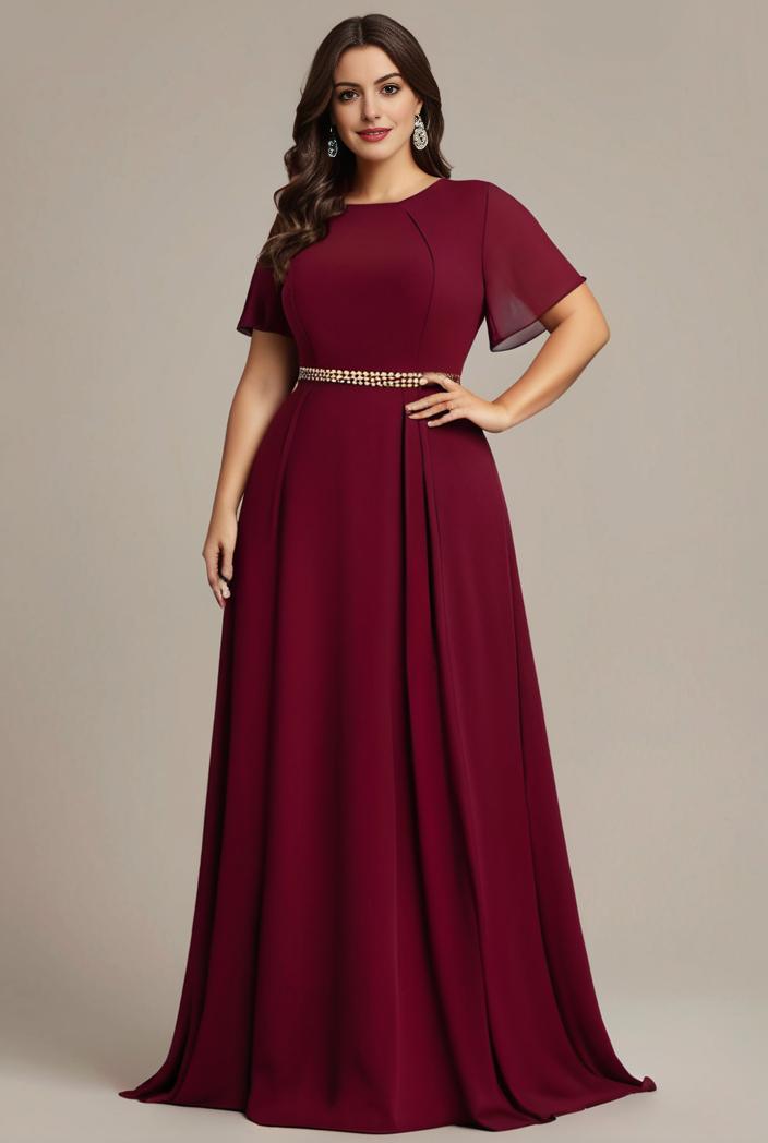 plus size simple chiffon pleated a line round neckline bridesmaid dress 101823