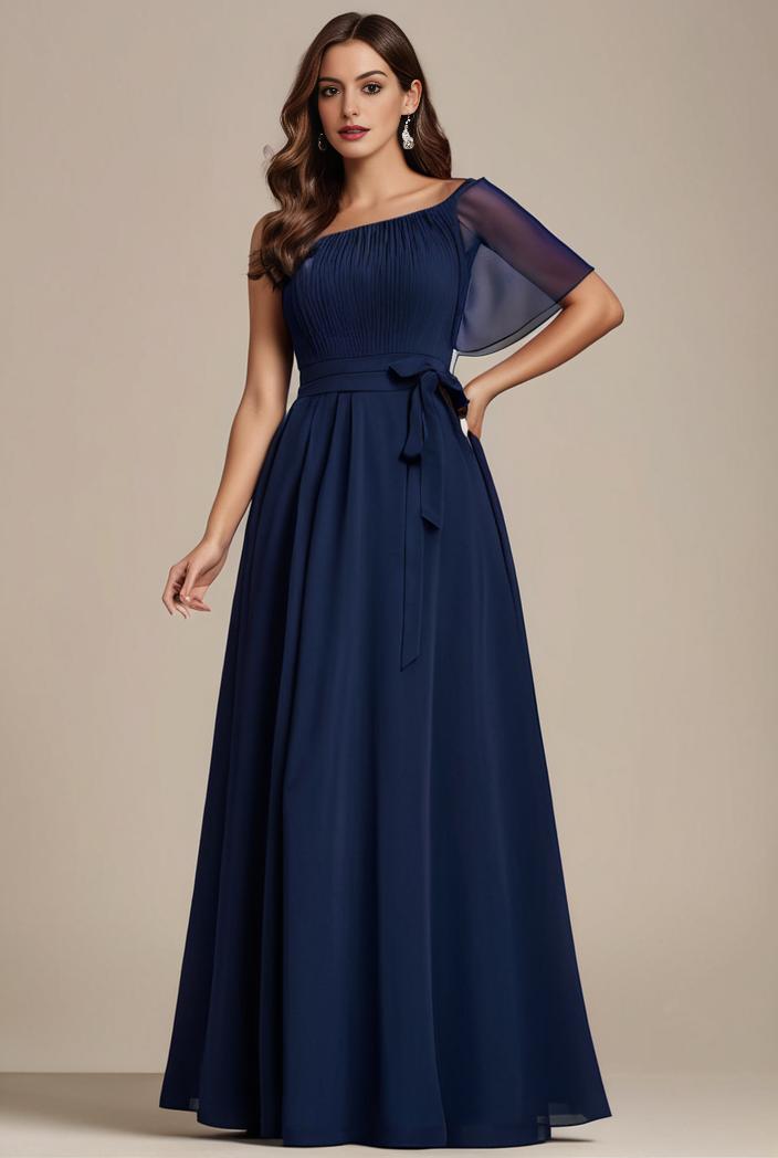 plus size simple chiffon pleated a line round neckline bridesmaid dress 101822