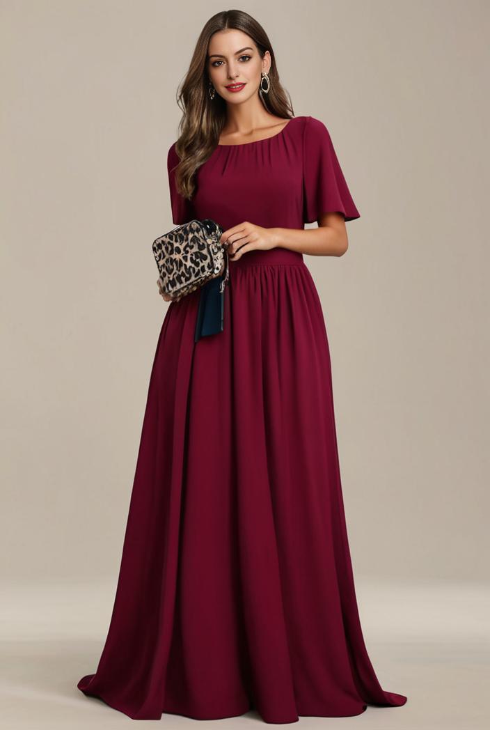 plus size simple chiffon pleated a line round neckline bridesmaid dress 101834
