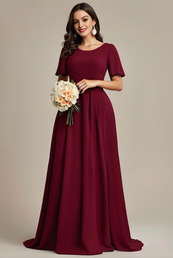 plus size simple chiffon pleated a line round neckline bridesmaid dress 101836