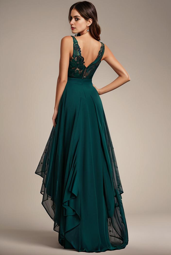 sequin bodice tulle high low evening dress with ribbon waist 103436
