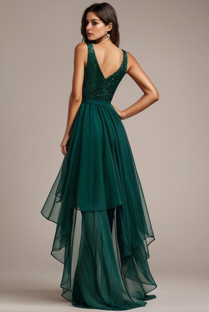sequin bodice tulle high low evening dress with ribbon waist 103435