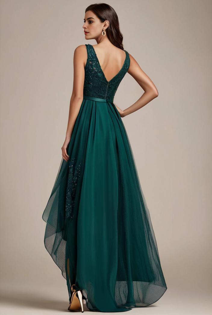 sequin bodice tulle high low evening dress with ribbon waist 103434