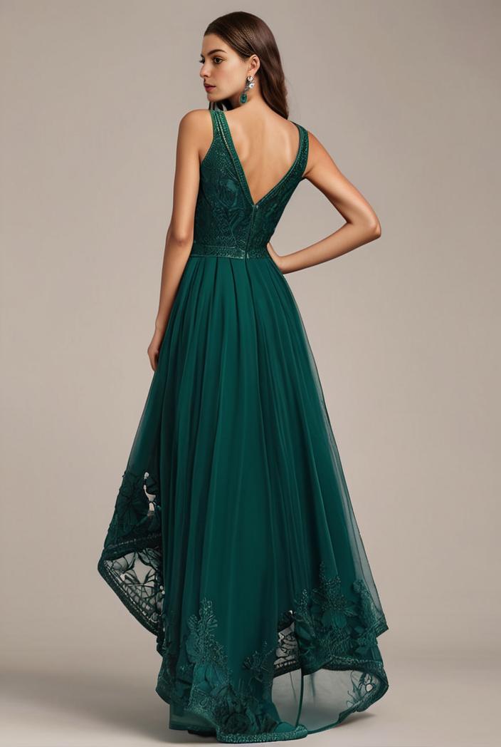 sequin bodice tulle high low evening dress with ribbon waist 103438