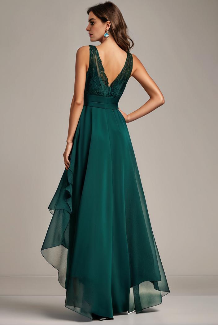 sequin bodice tulle high low evening dress with ribbon waist 103439