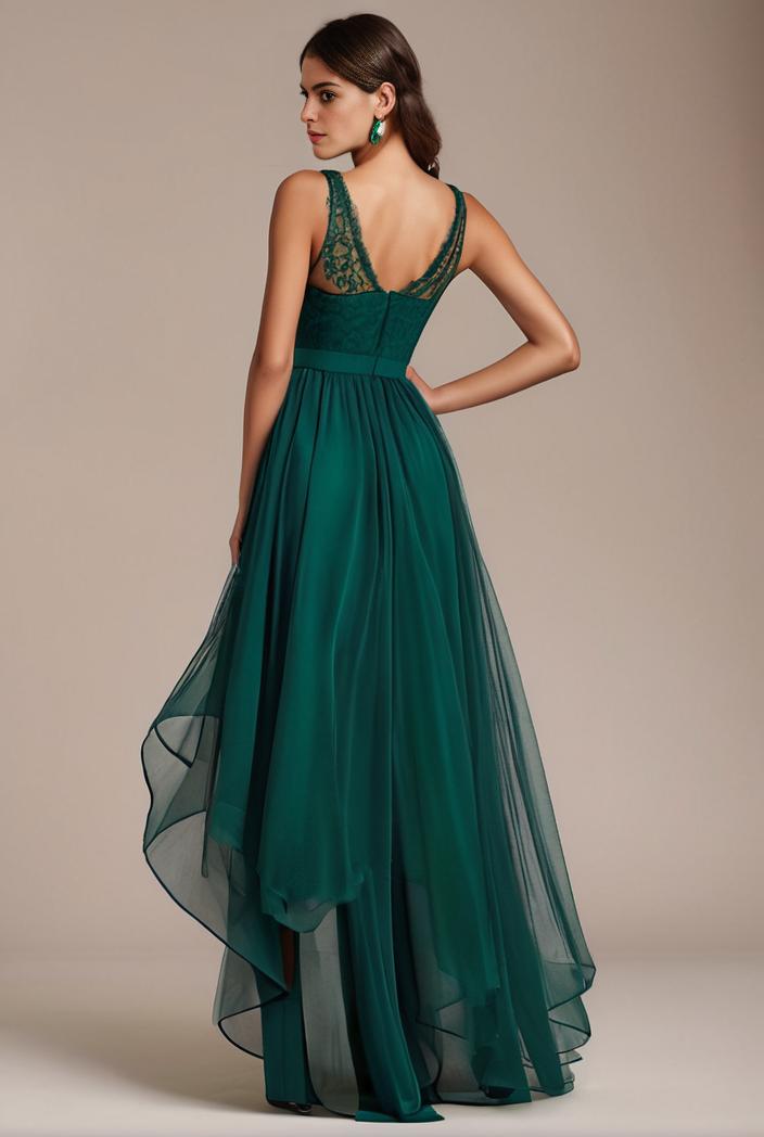 sequin bodice tulle high low evening dress with ribbon waist 103440