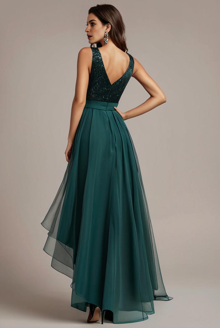 sequin bodice tulle high low evening dress with ribbon waist 103441