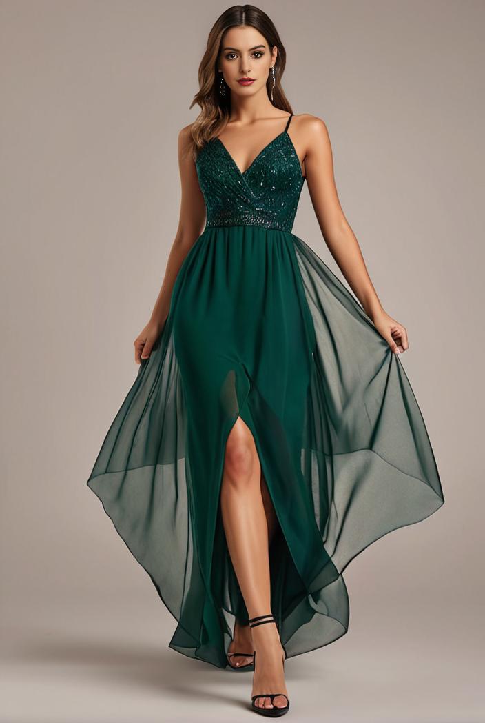 sequin bodice tulle high low evening dress with ribbon waist 103443