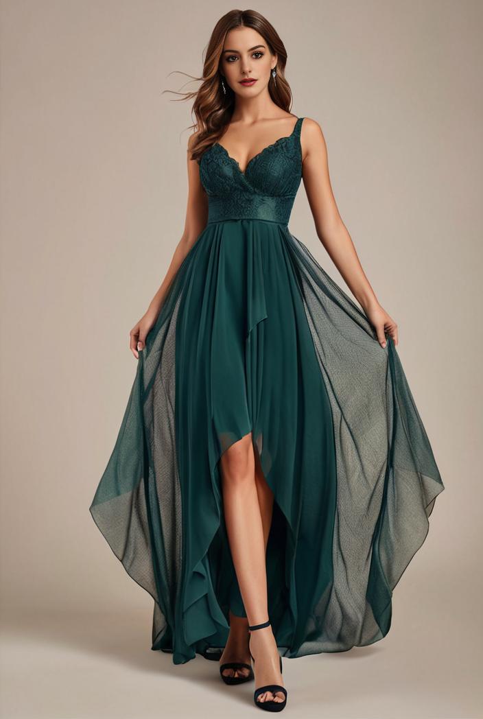 sequin bodice tulle high low evening dress with ribbon waist 103444