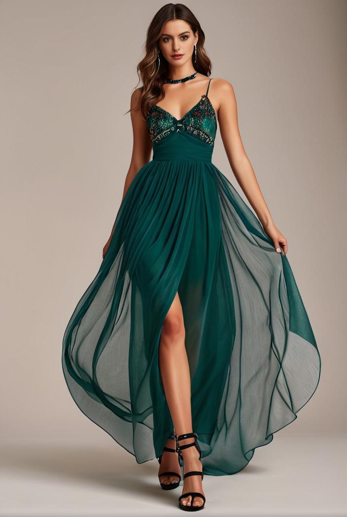 sequin bodice tulle high low evening dress with ribbon waist 103448