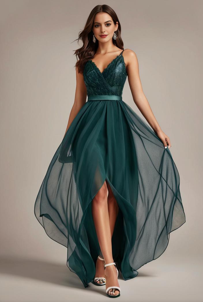 sequin bodice tulle high low evening dress with ribbon waist 103449