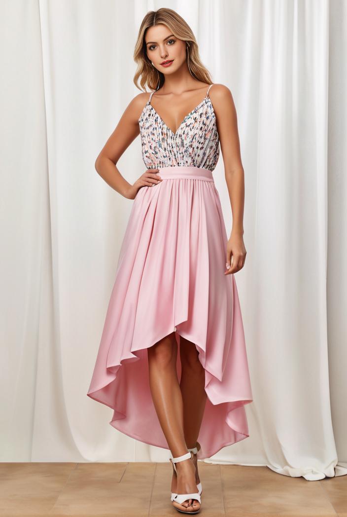 sequin bodice tulle high low evening dress with ribbon waist 103453
