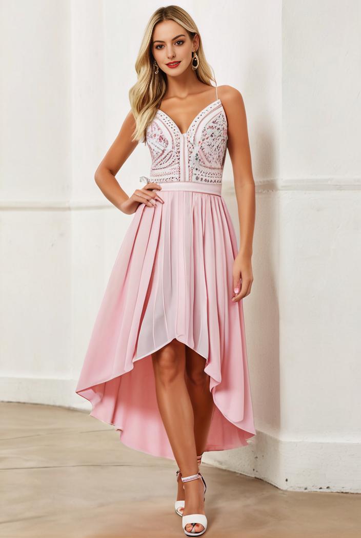 sequin bodice tulle high low evening dress with ribbon waist 103454