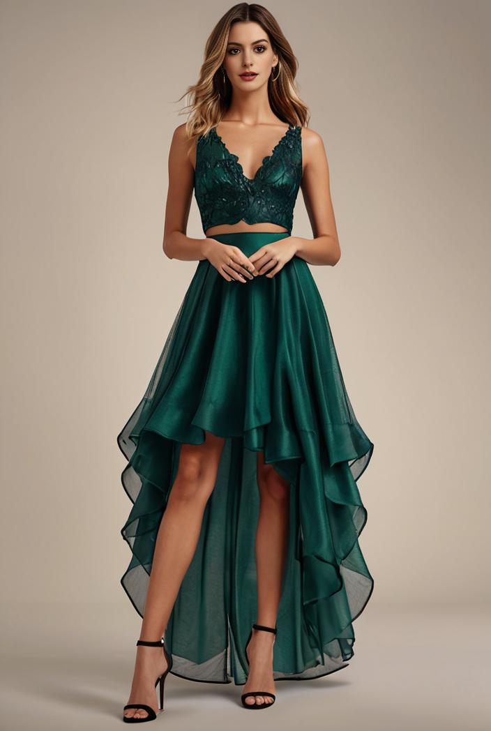 sequin bodice tulle high low evening dress with ribbon waist 103457