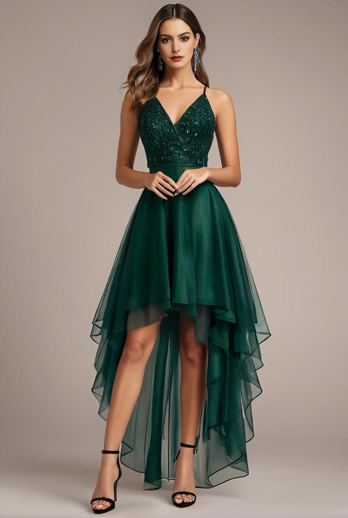 sequin bodice tulle high low evening dress with ribbon waist 103458