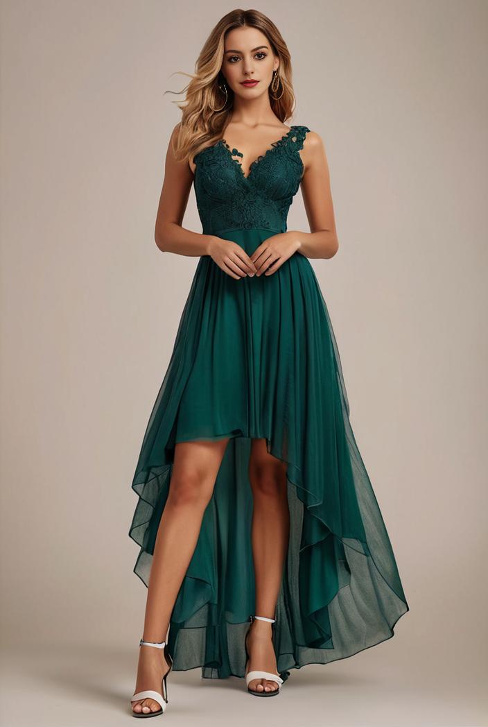 sequin bodice tulle high low evening dress with ribbon waist 103459