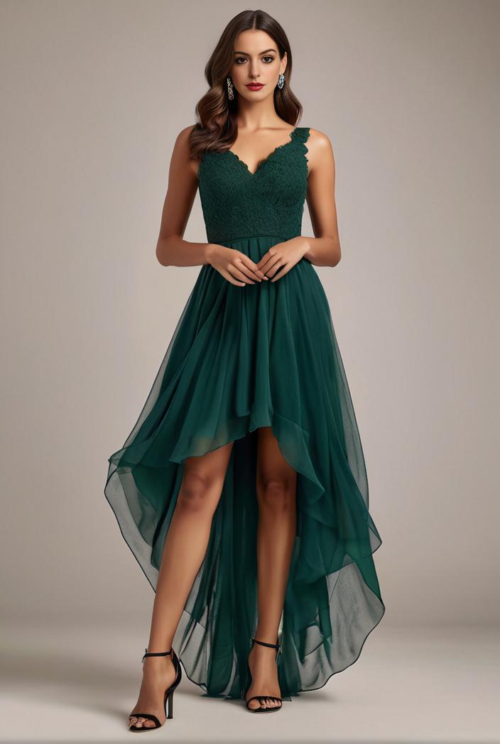 sequin bodice tulle high low evening dress with ribbon waist 103462