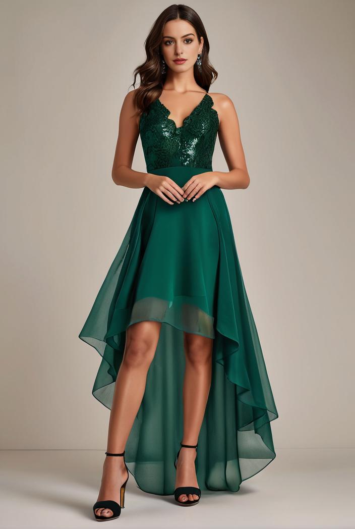 sequin bodice tulle high low evening dress with ribbon waist 103461