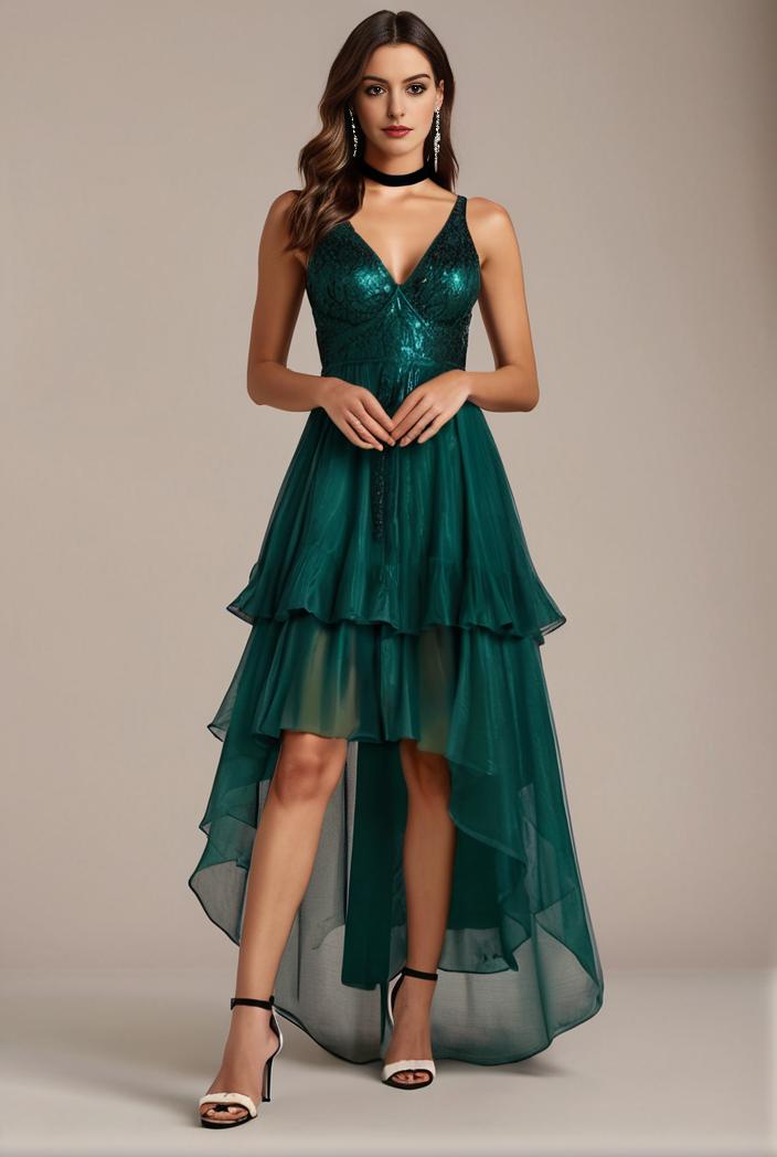 sequin bodice tulle high low evening dress with ribbon waist 103463
