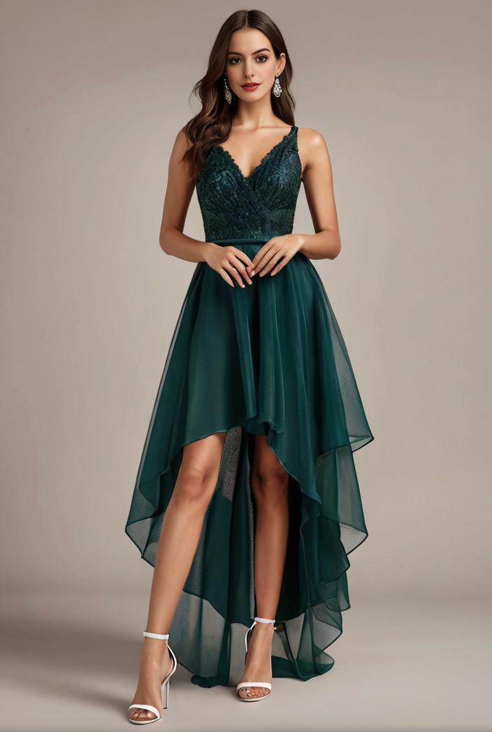 sequin bodice tulle high low evening dress with ribbon waist 103464