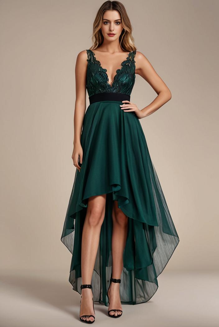 sequin bodice tulle high low evening dress with ribbon waist 103473