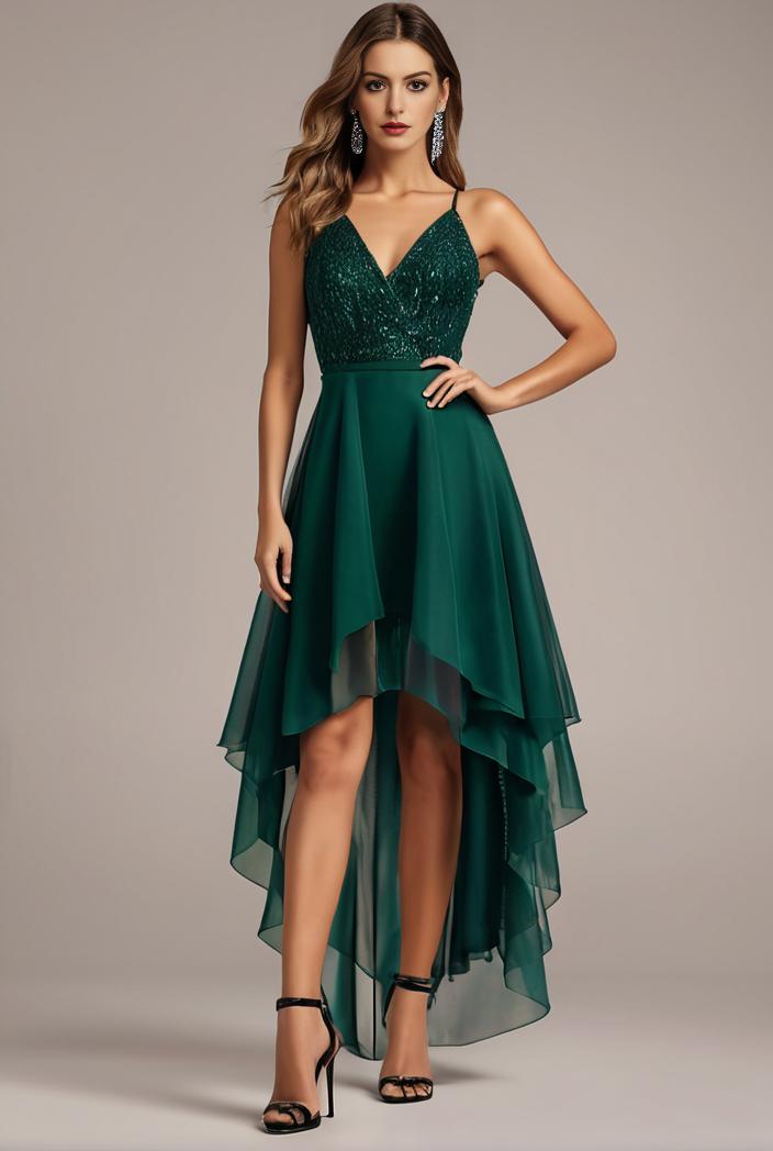 sequin bodice tulle high low evening dress with ribbon waist 103474