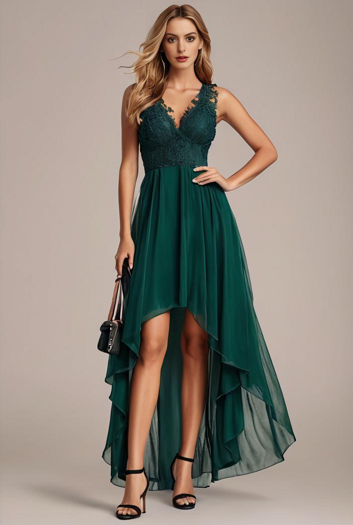 sequin bodice tulle high low evening dress with ribbon waist 103475