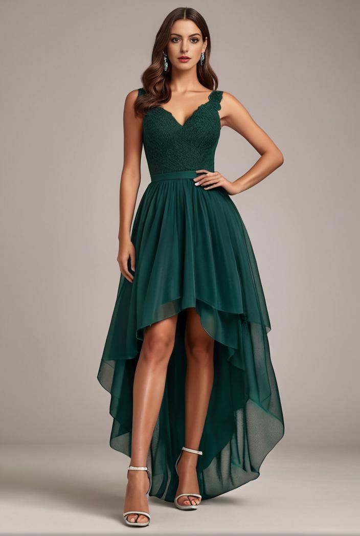 sequin bodice tulle high low evening dress with ribbon waist 103476