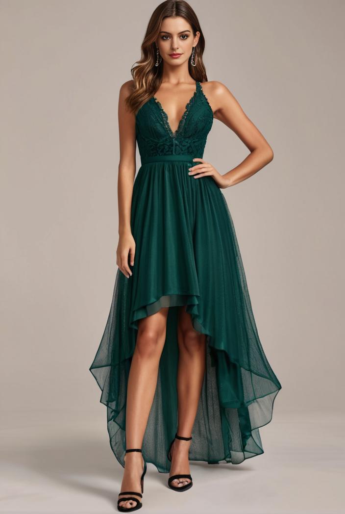 sequin bodice tulle high low evening dress with ribbon waist 103477