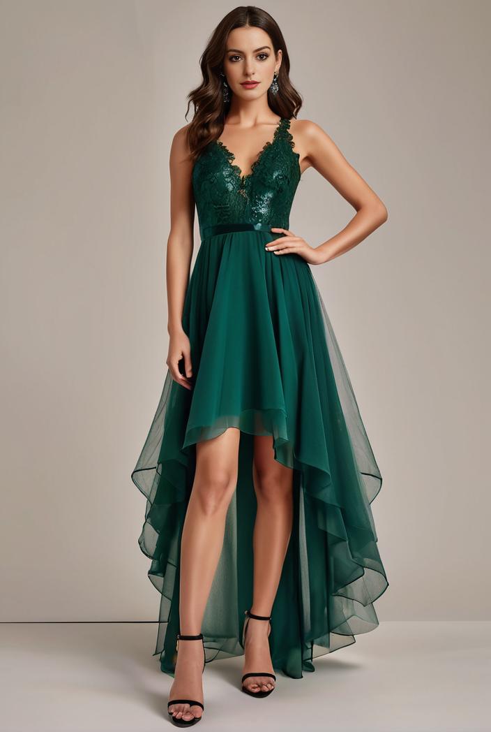 sequin bodice tulle high low evening dress with ribbon waist 103479