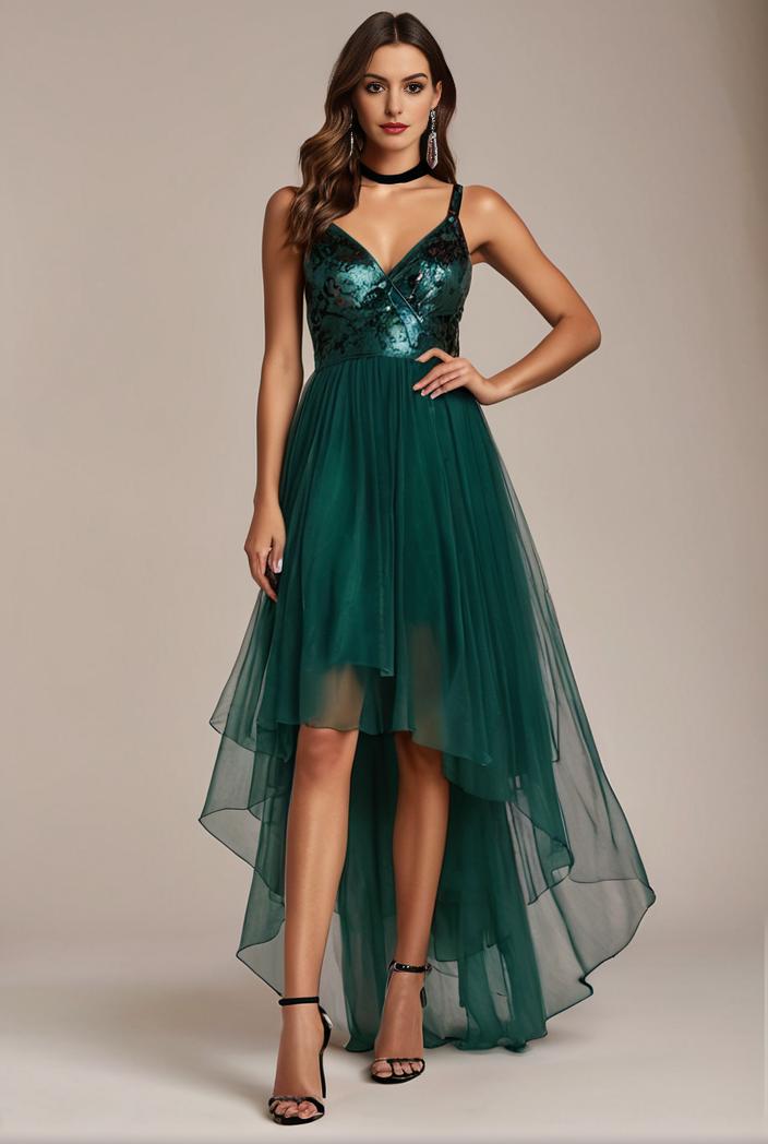 sequin bodice tulle high low evening dress with ribbon waist 103480