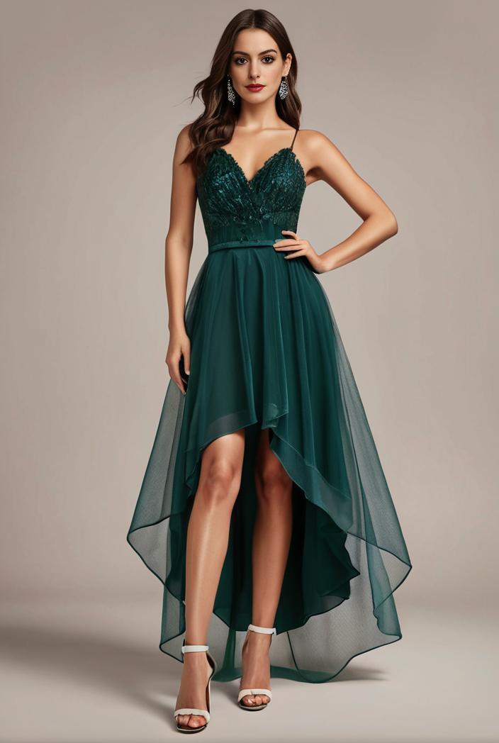 sequin bodice tulle high low evening dress with ribbon waist 103481
